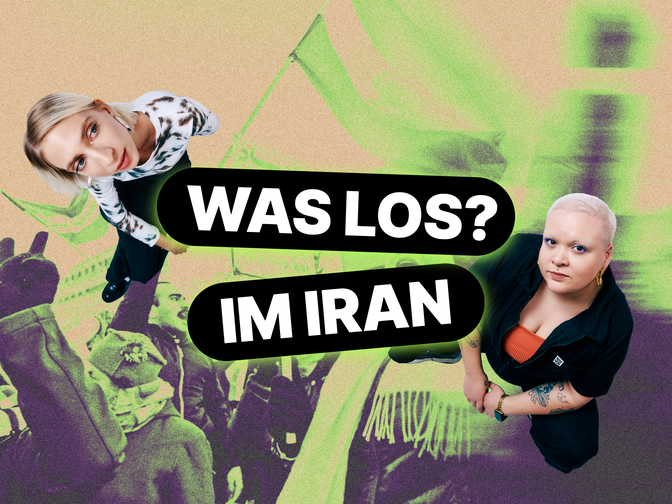 Sandra und Mimi mit dem Titel "Was los? im Iran" im Hintergrund ein Bild von Protesten zum Iran..