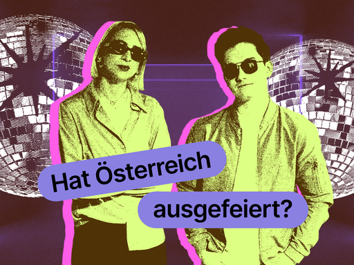 Sandra und Simon in einem leeren Club, darüber steht die Überschrift: "Hat Österreich ausgefeiert?"