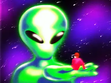 Ein großer grüner Außerirdischer, der einen kleinen Menschen in einem roten Outfit auf seiner Hand hält, vor einem sternenübersäten Weltraumhintergrund.