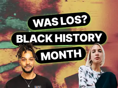 Tori und Sandra mit dem Titel "Was los? Black History Month" im Hintergrund ein schwarz-grün-rot-gelber Farbverlauf.