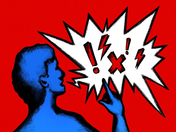 Blauer Mensch mit erhobener Hand, der vor einem roten Hintergrund in eine Sprechblase mit Symbolen wie !, x und Blitz spricht.