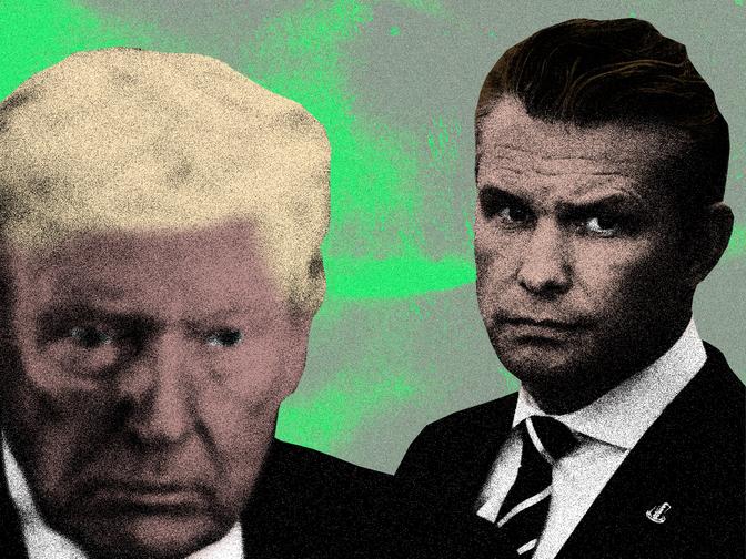 Zwei Männer: US-Präsident Donald Trump und US-Verteidigungsminister Pete Hegseth in Anzügen mit ernsten Gesichtern vor einem grün getönten Hintergrund. Das Bild hat eine körnige, stilisierte Textur.