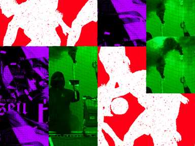 Eine Collage aus abstrakten Silhouetten, Rauch und vermummten Gestalten mit leuchtend roten, grünen und violetten Bereichen.