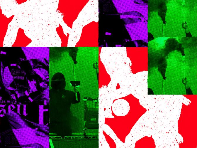 Eine Collage aus abstrakten Silhouetten, Rauch und vermummten Gestalten mit leuchtend roten, grünen und violetten Bereichen.