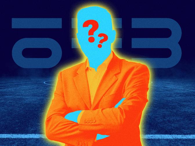 Silhouette einer Person im Anzug mit Fragezeichen auf dem Gesicht, vor einem Fußballfeld und großen Zahlen im Hintergrund, in kontrastierenden Farben.