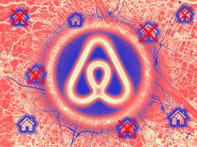 Karte der Stadt Wien mit großem, leuchtenden Airbnb Logo in der Mitte, umgeben von Häusern, teilweise mit roten Kreuzen markiert.