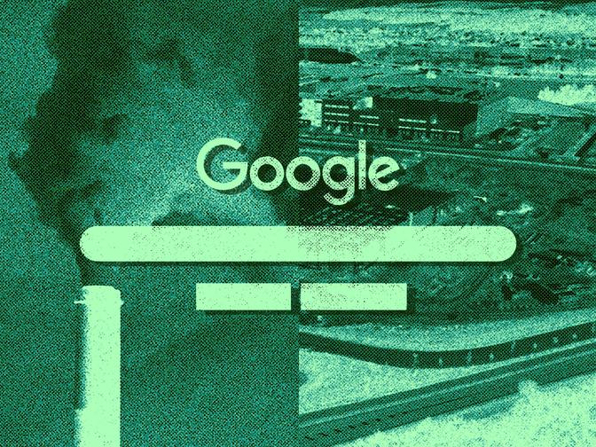 Google-Logo und grüner Suchleiste über einer Fabrik- und Industrieansicht.