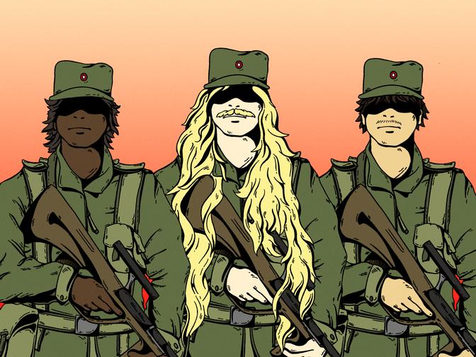 Drei Soldaten, einer davon mit langen Haaren, in grüner Uniform mit Gewehren, die nebeneinander stehen, vor einem orangefarbenen Hintergrund.
