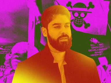 Ein Portrait von Emran. Im Hintergrund eine Demonstration, auf der die One Piece Flagge gehisst wird.