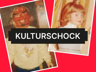 Zwei Fotos im Vintage-Stil: eines mit einer Person mit Maske, das andere mit einem Kind. Der überlagerte Text lautet „KULTURSCHOCK“ auf rotem Hintergrund.