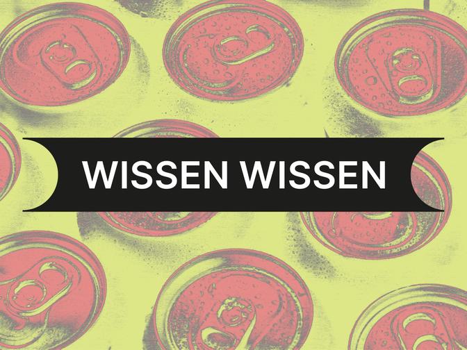 Bunte Dosenansicht von oben, in der Mitte der Text "Wissen Wissen" auf schwarzem Banner.