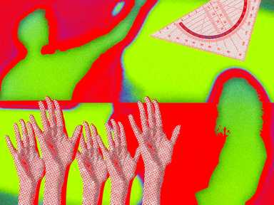 Eine lebendige, abstrakte Collage mit Silhouetten, erhobenen Händen und einem Winkelmesser vor einem kräftigen rot-grünen Hintergrund.