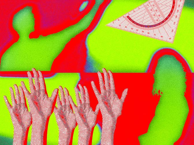 Eine lebendige, abstrakte Collage mit Silhouetten, erhobenen Händen und einem Winkelmesser vor einem kräftigen rot-grünen Hintergrund.