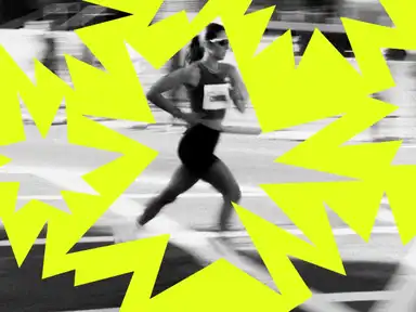 Runner in motion wearing athletic gear, surrounded by bright yellow jagged shapes on a blurred background.