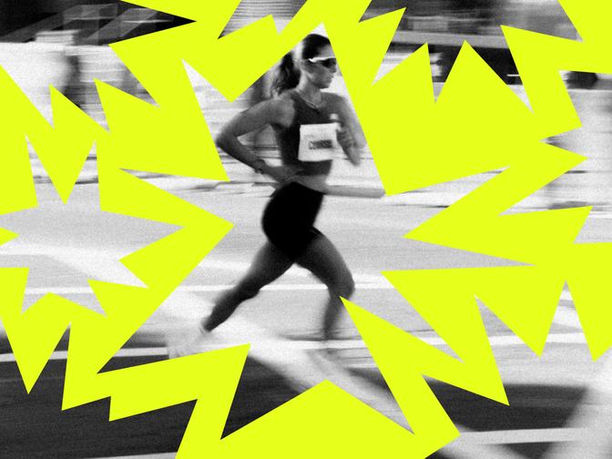 Runner in motion wearing athletic gear, surrounded by bright yellow jagged shapes on a blurred background.