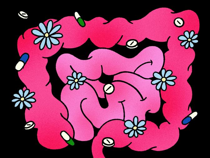 Ein rosa, labyrinthisches Verdauungssystem mit blauen Blumen und verschiedenen Pillen auf schwarzem Hintergrund.