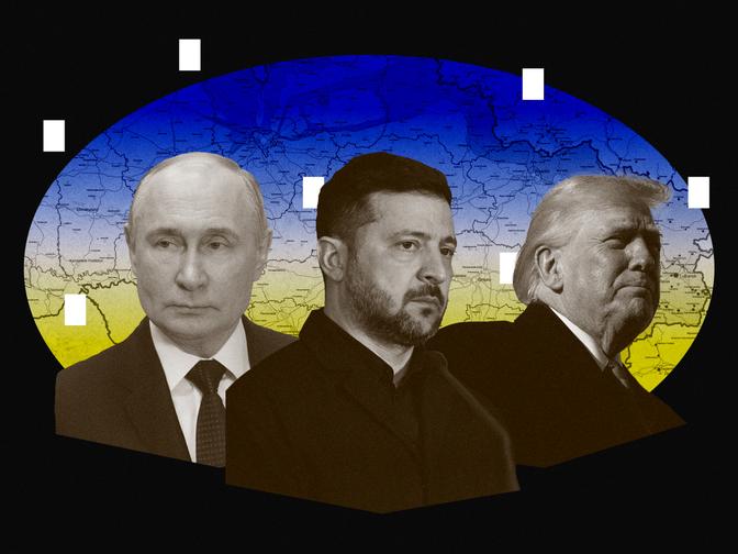 Eine Kollage: Putin, Zelensky und Trump in formeller Kleidung stehen vor einer blau-gelben Karte des Ukrainekriegs..