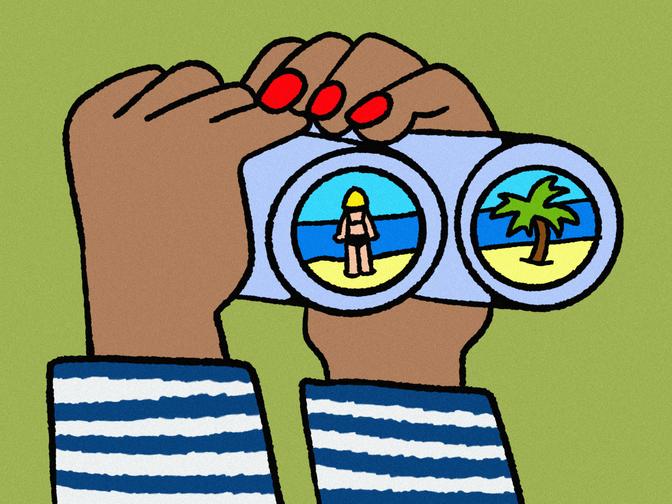 Hände halten ein Fernglas, in dessen Linsen sich Strandmotive spiegeln; das eine zeigt eine Person, das andere eine Palme. Der Hintergrund ist grün.