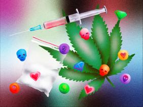 Eine Illustration auf der eine Spritze, MDMA, ein Plastiksackerl mit Kokain und ein Marihuana Blatt zu sehen ist
