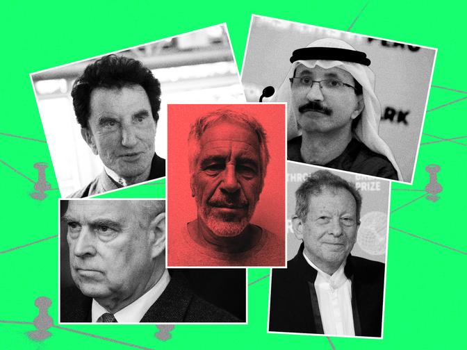 Eine Kollage mit Bildern von Jeffrey Epstein, Prinz Andrew, Tom Pritzker, Sultan Ahmed Bin Sulayem und Jack Lang.