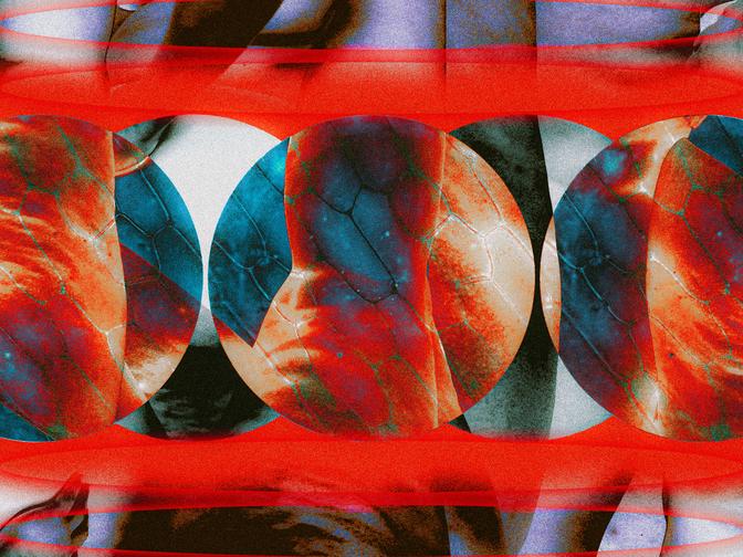 Abstrakte Komposition mit überlappenden, bunten krankhaften Fettgewebe in Rot und Blau, durchsetzt mit Texturen und intensiven Farbkontrasten.