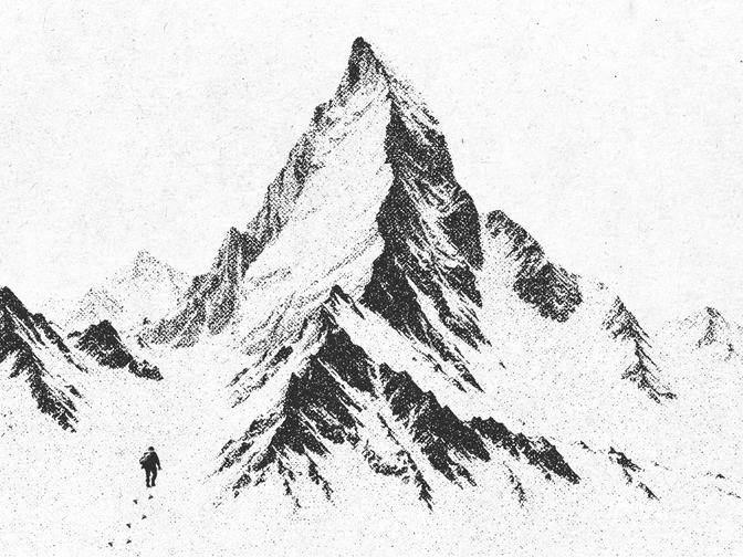 Black and white illustration of a lone hiker approaching a towering, jagged mountain peak under a clear sky.