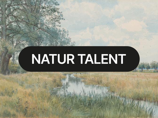 Eine ruhige Landschaft mit einem Fluss und Bäumen unter bewölktem Himmel, überlagert vom Text „NATUR TALENT“.