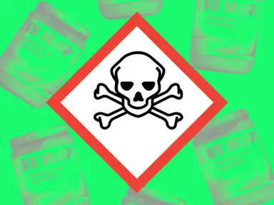 Das Symbol für Giftige Stoffe, dahinter eine Kollage von Hipp Babynahrungsgläsern.