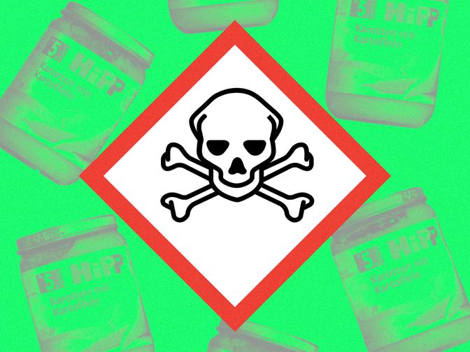 Das Symbol für Giftige Stoffe, dahinter eine Kollage von Hipp Babynahrungsgläsern.