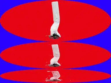 Drei Zigarettenkippen auf roten Ovalen vor blauem Hintergrund, vertikal angeordnet.