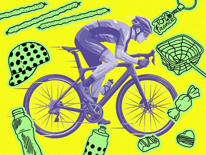 Illustration eines Radfahrers bei der Tour de France, umgeben von Symbolen wie Luftmatratzen, Mütze, Wasserflasche und Süßigkeiten.