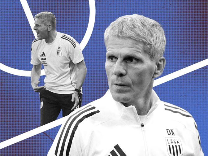 Dietmar Kühlbauer in einer LASK-Sportjacke und einem LASK-Shirt wirkt auf einem Fotomontagebild vor blau-braunem Hintergrund konzentriert.