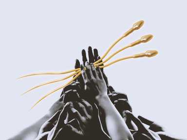 Nach oben gestreckte Hände, aus denen vor einem hellen Hintergrund drei goldene, längliche Spermien hervortreten.