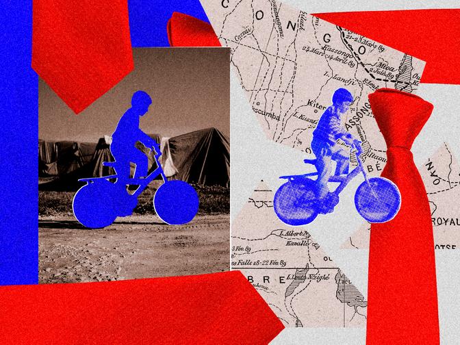 Collage mit der blauen Silhouette eines Radfahrers vor einer Landkarte und einem Foto von Zelten, durchzogen von großen roten und blauen geometrischen Formen.