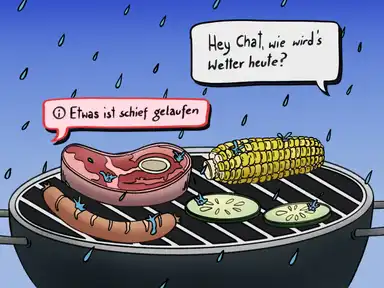 Grill im Regen mit Steak, Wurst, Mais und Zucchini. Sprechblasen: "Hey Chat, wie wird's Wetter heute?" und "Etwas ist schief gelaufen."