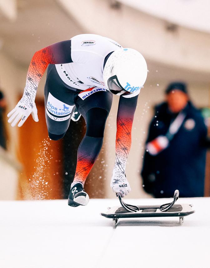 Bob und Skeleton – IBSF-Weltmeisterschaften – Olympia-Bobbahn St. Moritz-Celerina, St. Moritz, Schweiz – 9. Januar 2026 Der Österreicher Florian Auer in Aktion während des ersten Laufs im Skeleton der Männer