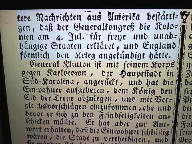 Passage im Wienerischen Diarium vom August 1776, in der über die Unabhängigkeit der Kolonien und die Kriegserklärung an England berichtet wird.