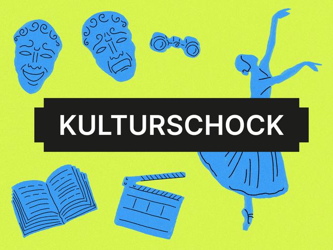 Titelbild für die Kolumne Kulturschock mit Illustrationen von Theater Masken, ein Opernglas, eine Balletttänzerin, ein Buch und eine Filmklappe
