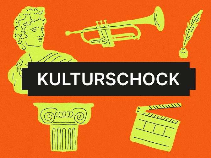 Titelbild für die Kolumne Kulturschock mit Illustrationen einer Büste, Trompete, eine Feder zum Schreiben, eine Filmklappe und ein Sockel