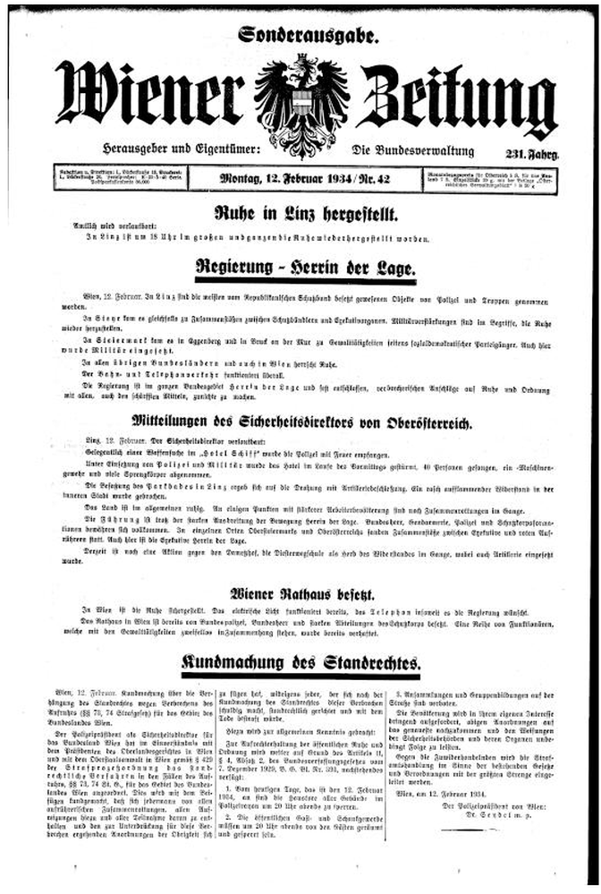 Seite 1 der Sonderausgabe der Wiener Zeitung vom Abend des 12. Februar 1934 zum österreichischen Bürgerkrieg.
