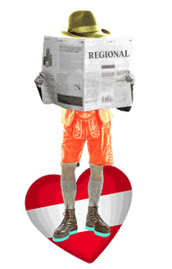 Collage die eine Person darstellt welche Zeitung ließt und in traditioneller Tracht gekleidet ist.