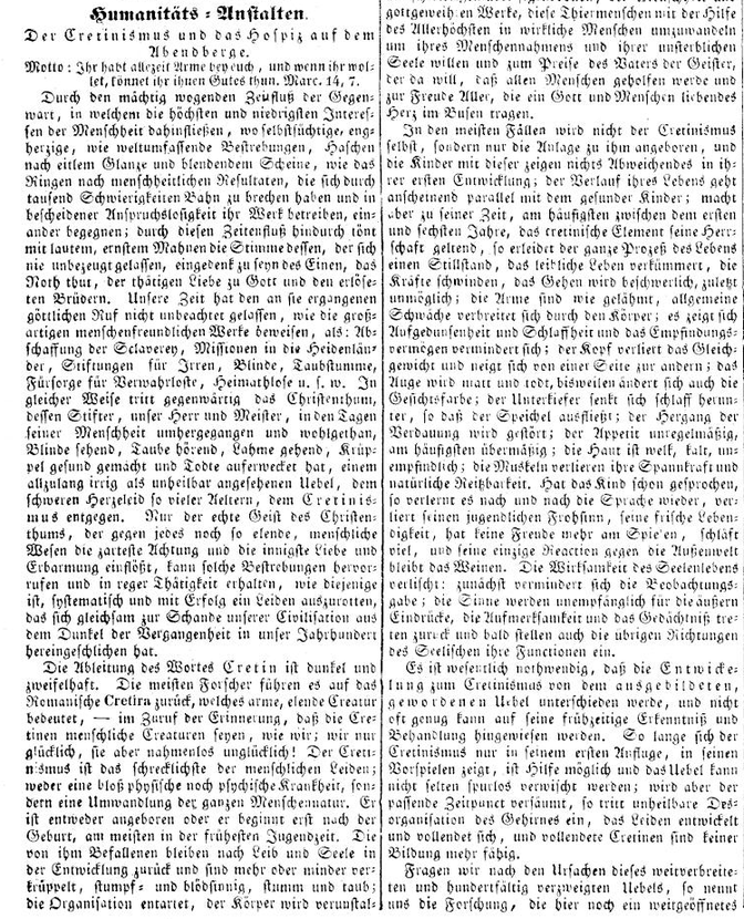 Screenshot der Wiener Zeitung vom 9. Juni 1845, Seite 3, mit Passage zu "Cretinen-Anstalt".