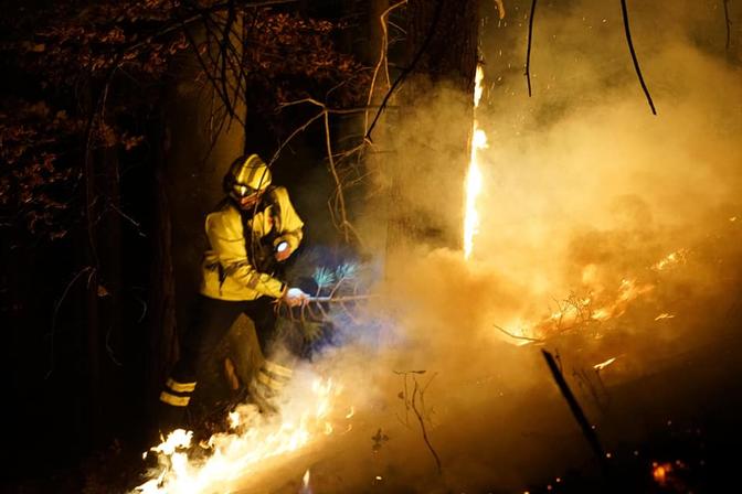 Ein Feuerwehrmann kämpft sich durch den brennenden Wald